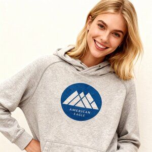 American Eagle Outfitters Graphic Hoodie | Size XS | Heather Gray with Blue